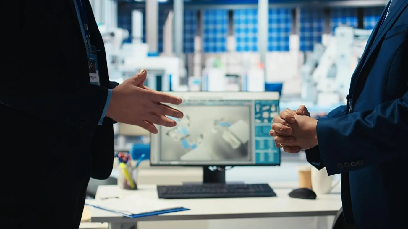 Менеджер фотовольтаического завода и инвестор пожимают руки, достигнув договоренности.