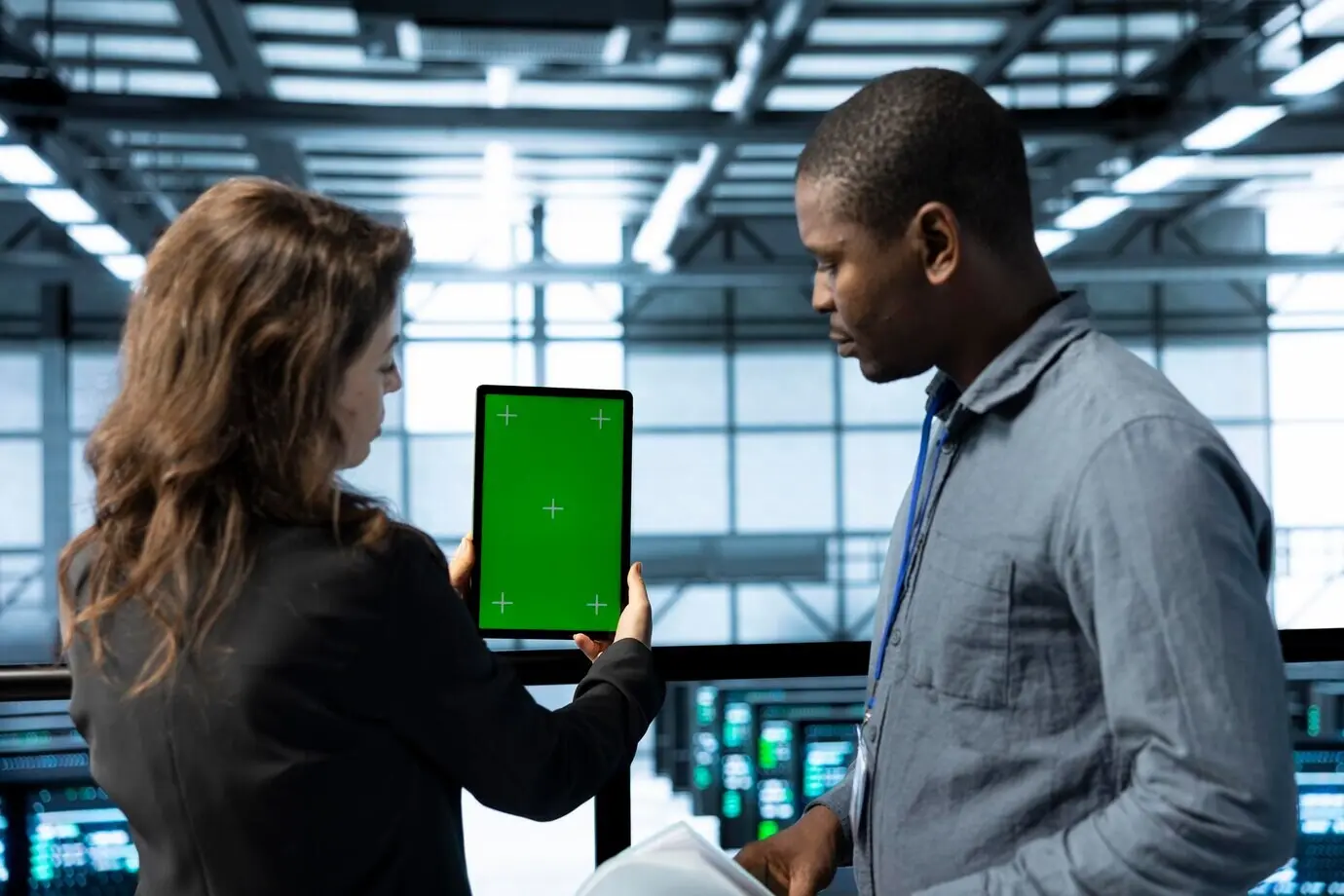 Команда техников в дата-центре использует планшет с зелёным экраном-макетом.