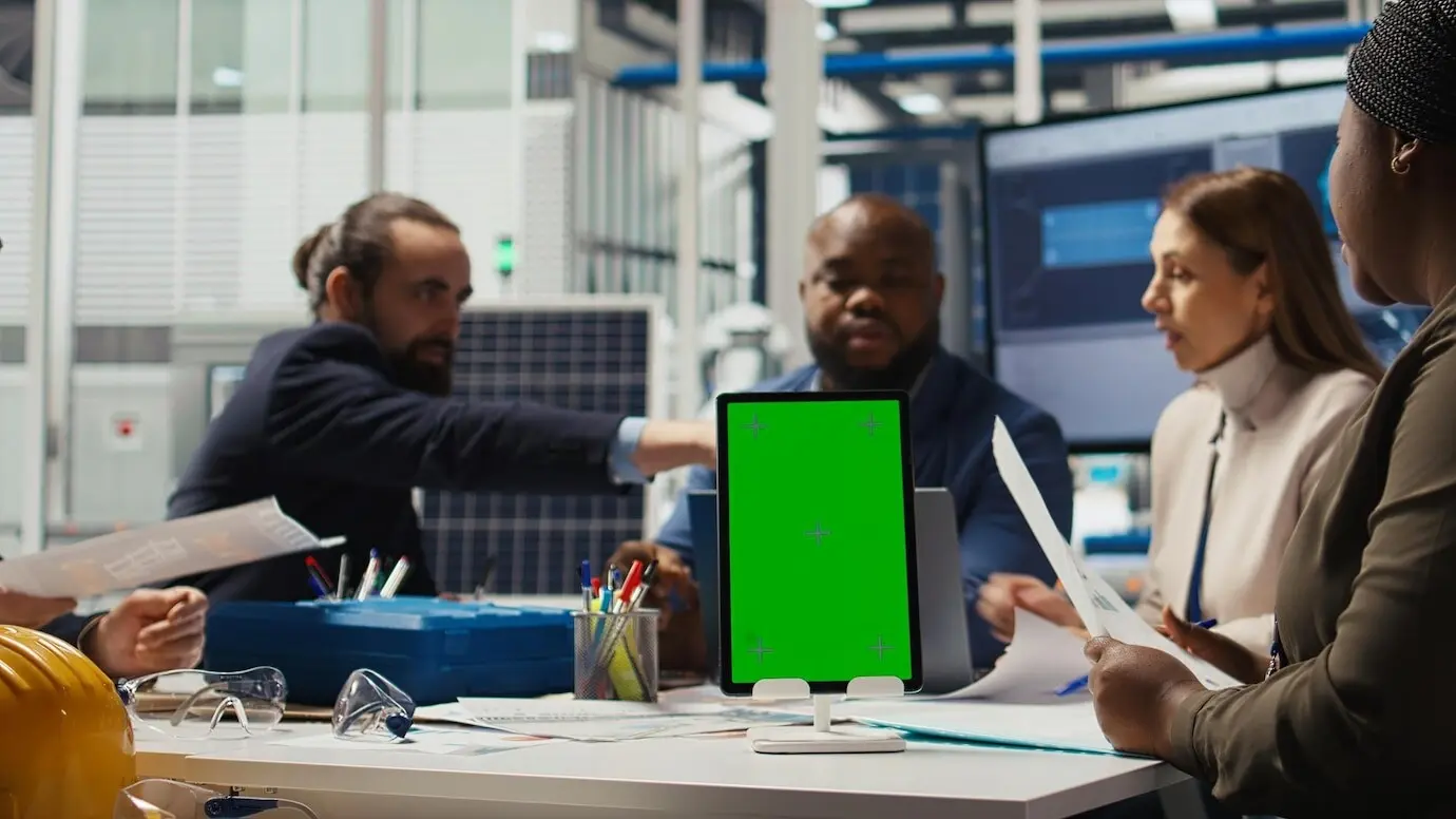 Специалисты фотоэлектрического завода проектируют прототипы фотоэлементов на макетном устройстве.